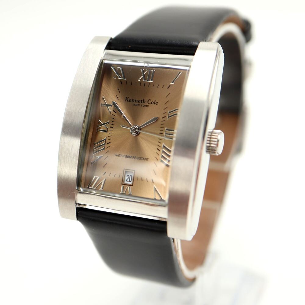 Kenneth Cole Silver Tone Champagne 31mm Tank Watch Black Leather w New Battery